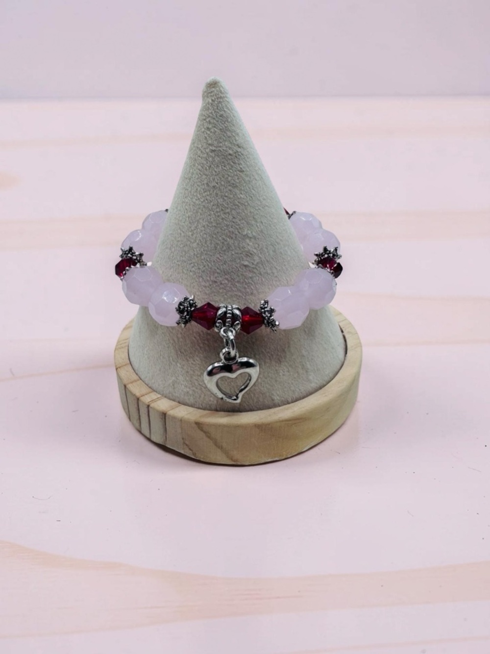 Pink Beaded Stretch Bracelet w/ Red faux Crystal Accents & Silver Heart Charm